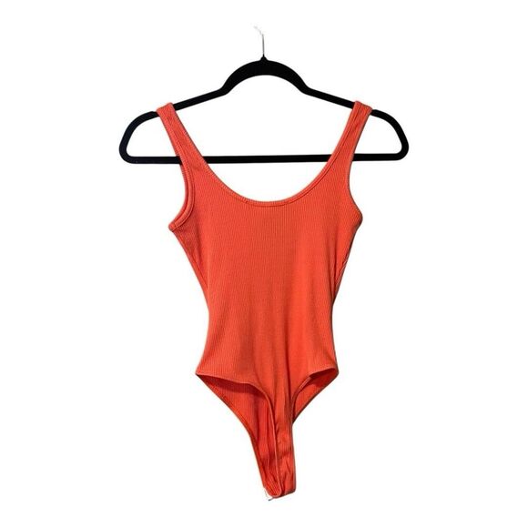 Naked Wardrobe Women's Size Small Orange Zip Front Ribbed Body Suit New - Picture 2 of 3